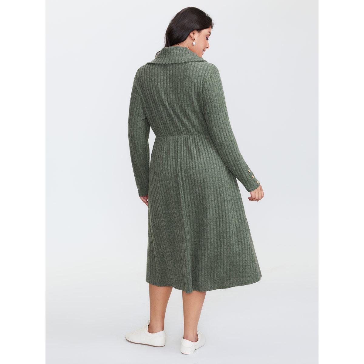 Plus Size Cowl Neck Ribbed Fitted Knit Dress DarkSlateGray Women Leisure Texture Ruffled collar Extra Long Sleeve Curvy BloomChic 12/L Product Image