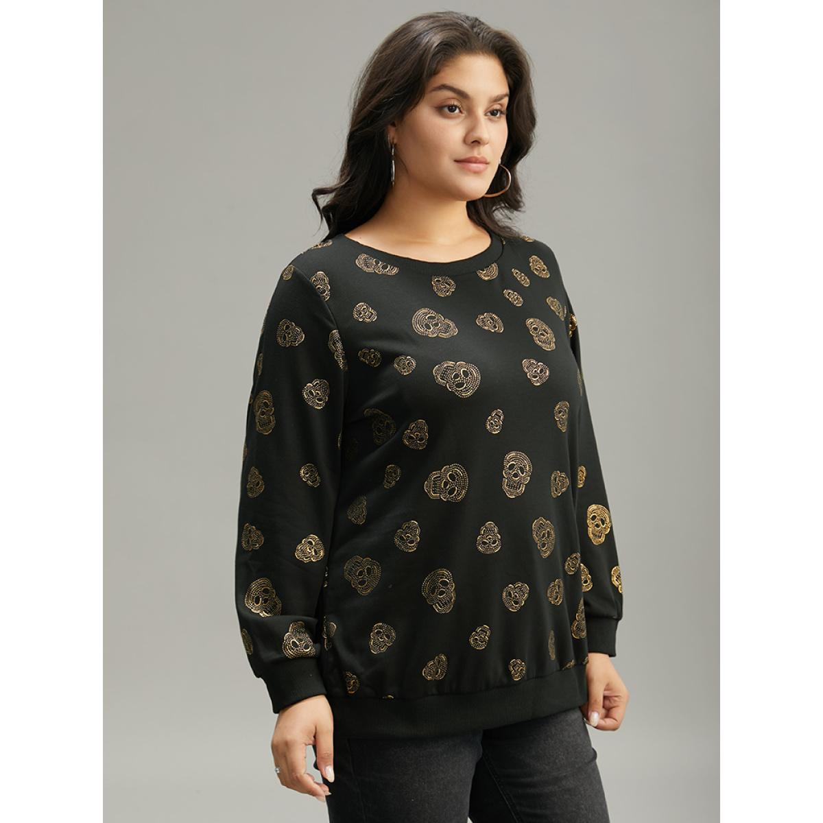 Plus Size Halloween Glitter Skull Print Crew Neck Sweatshirt Women Black Casual Elastic cuffs Round Neck Festival-Halloween Sweatshirts BloomChic 14-16/1X Product Image