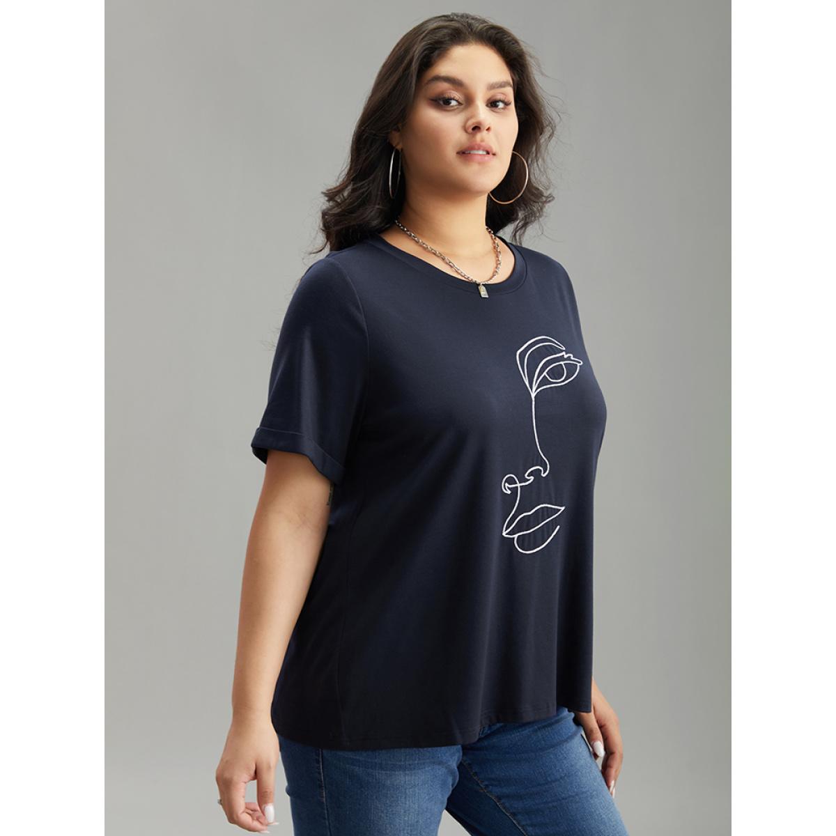 Plus Size Art & Design Embroidered Crew Neck T-shirt Indigo Women Casual Printed Art&design Dailywear T-shirts BloomChic 26/4X Product Image