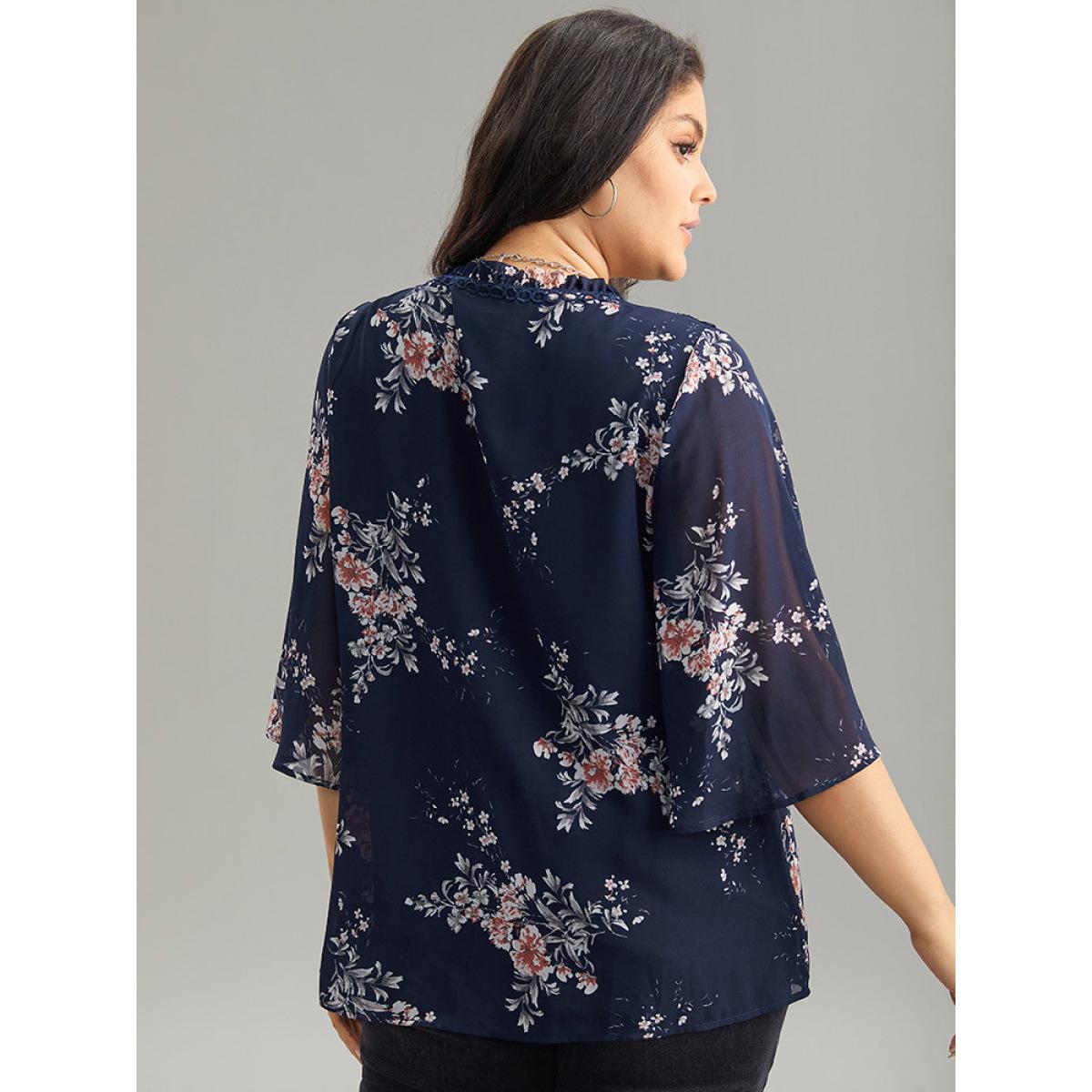 Plus Size Indigo Chiffon Floral Print Frill Trim Ruffle Blouse Women Elegant Half Sleeve V-neck Dailywear Blouses BloomChic 10/M Product Image
