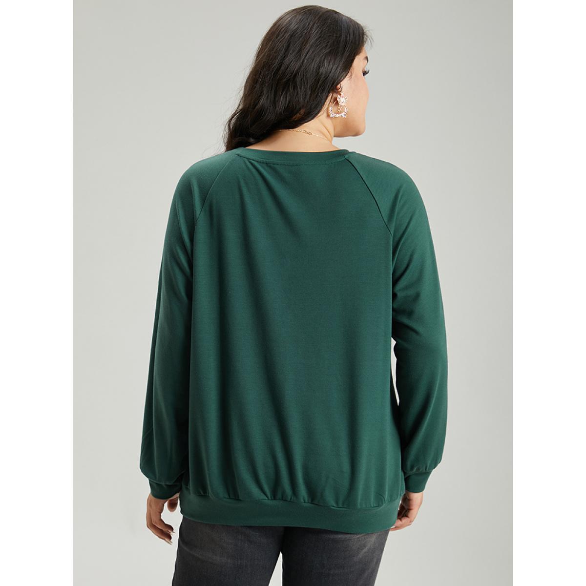 Plus Size Christmas Elk Crew Neck Raglan Sleeve Sweatshirt Women DarkGreen Casual Printed Round Neck Festival-Christmas Sweatshirts BloomChic 30/6X Product Image