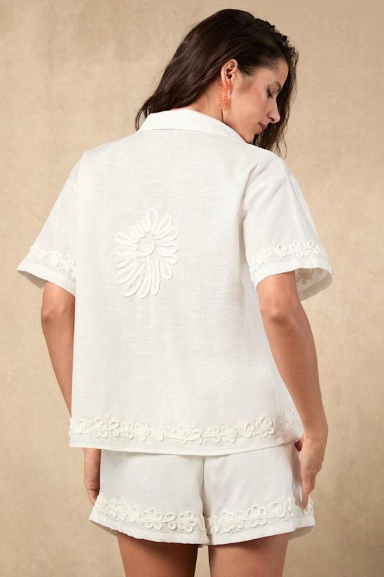 Ines White Linen Embroidered Swim Cover-Up Top Product Image