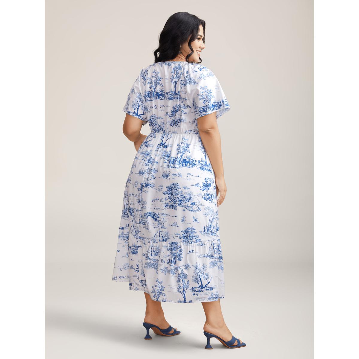 Plus Size Spring Dreams Stretchy-Waist Midi Dress LightBlue Women Elegant Gathered V-neck Short sleeve Curvy BloomChic 18-20/2X Product Image