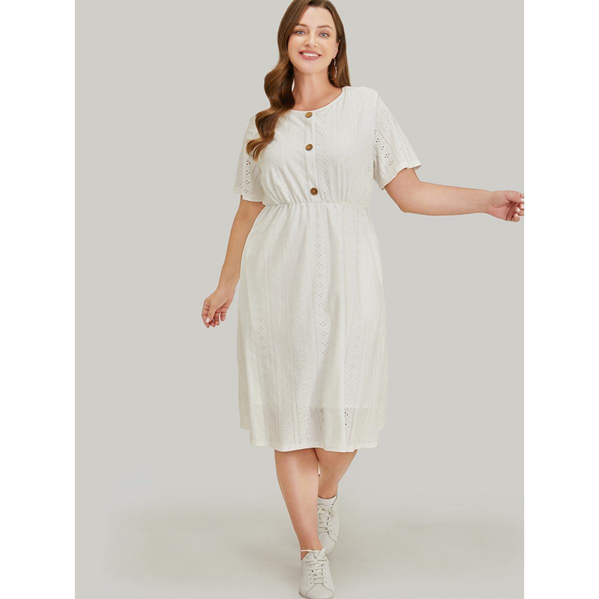 Plus Size Solid Button Detail Pocket Broderie Anglaise Dress White Women Vacation Button Round Neck Short sleeve Curvy Midi Dress BloomChic 22-24/3X Product Image