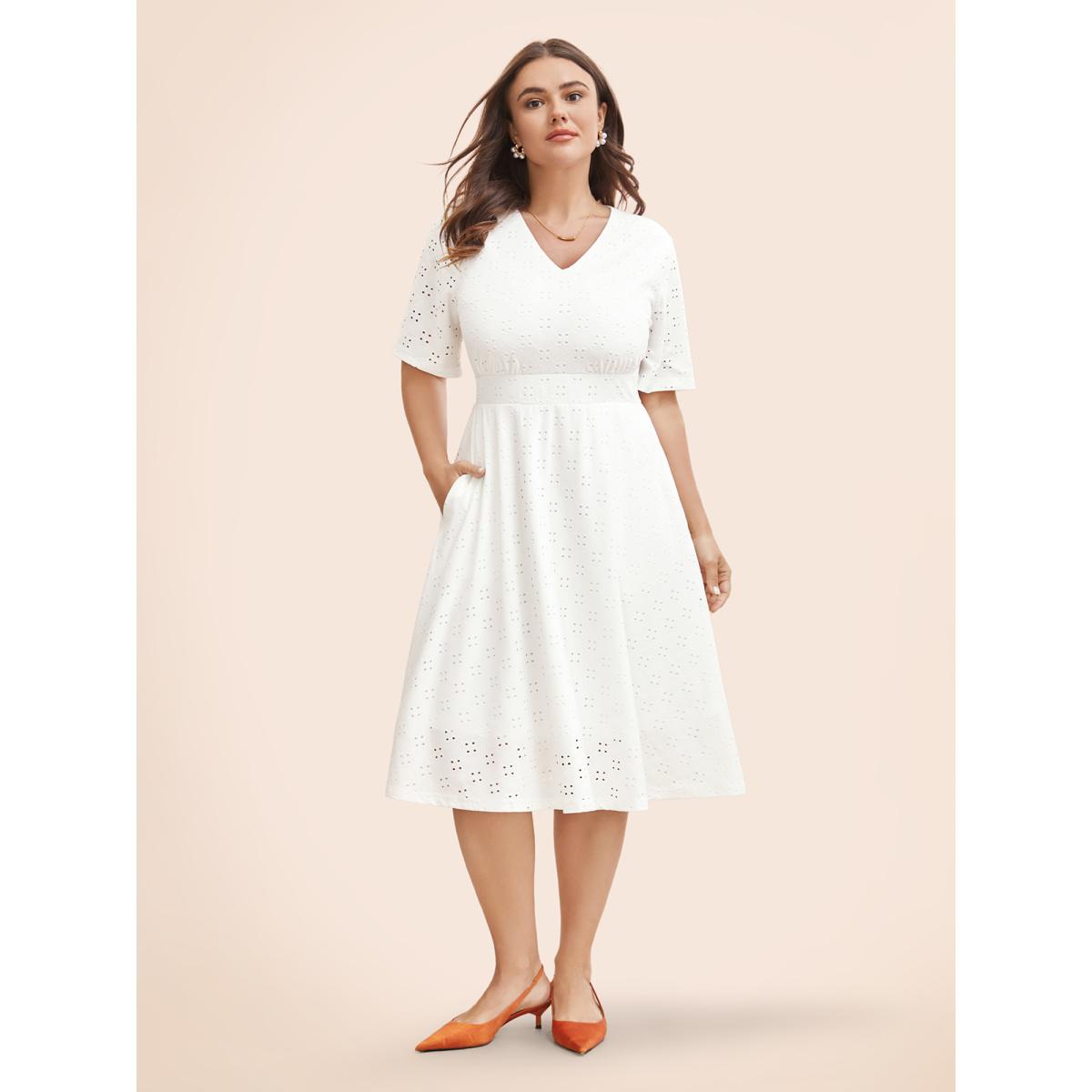 Plus Size Solid Pocket Laser Cut Surplice Neck Knee Dress Ivory Women Elegant Pocket V-neck Short sleeve Curvy Knee Dress BloomChic 28/5X Product Image