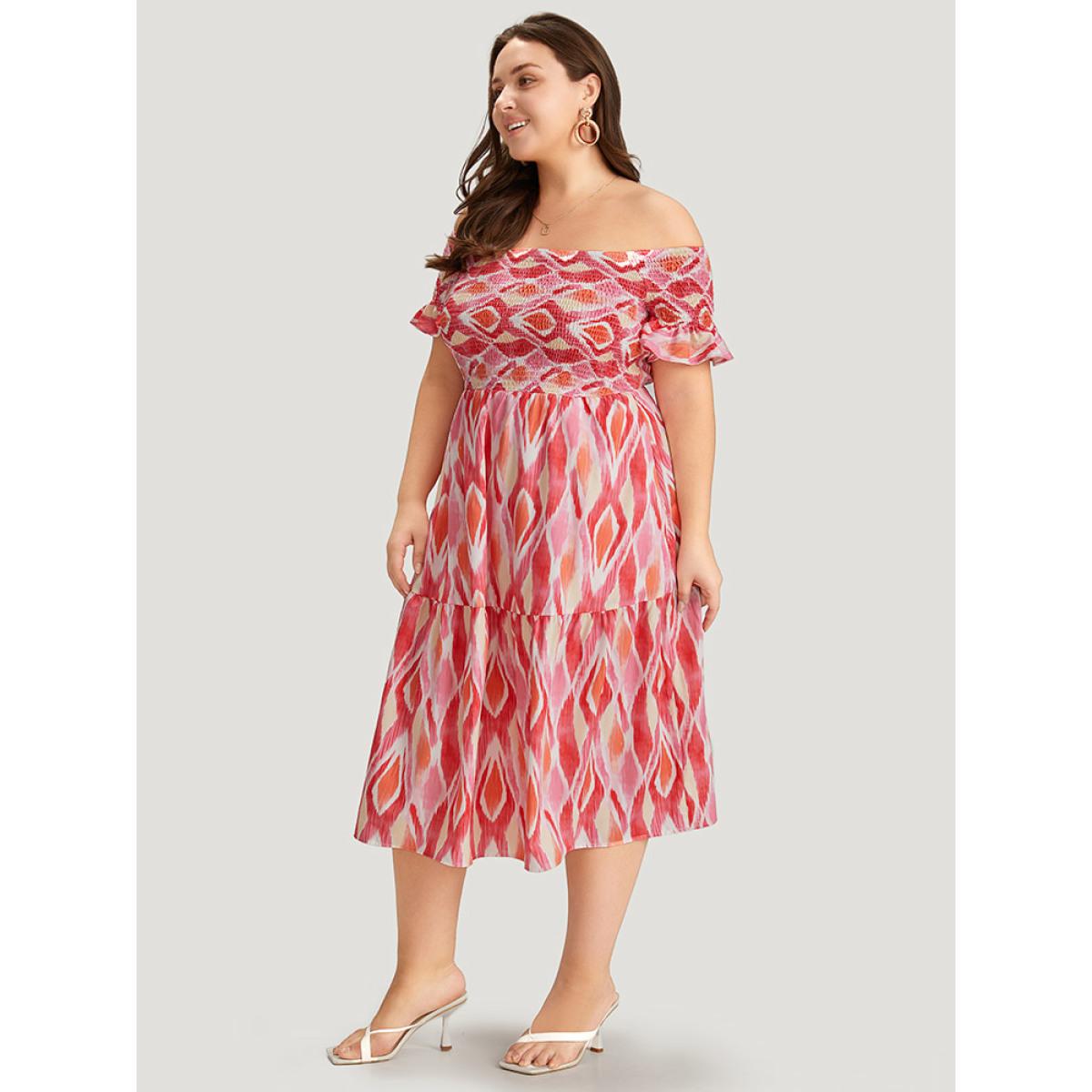 Plus Size Geometric Print Pocket Shirred Ruffles Sleeve Off Shoulder Dress Multicolor Women Elegant One-shoulder neck Short sleeve Curvy Midi Dress BloomChic 28/5X Product Image