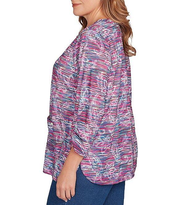 Ruby Rd. Plus Size Slub Jersey Knit Paisley Keyhole Neck 3/4 Ruched Sleeve Top Product Image