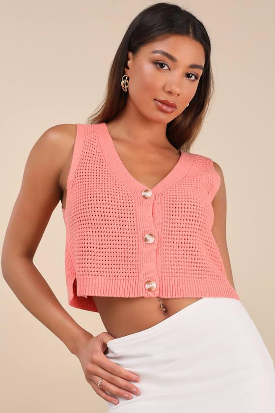 Aesthetic Ease Coral Pierced Knit Button-Front Cropped Tank Top Product Image