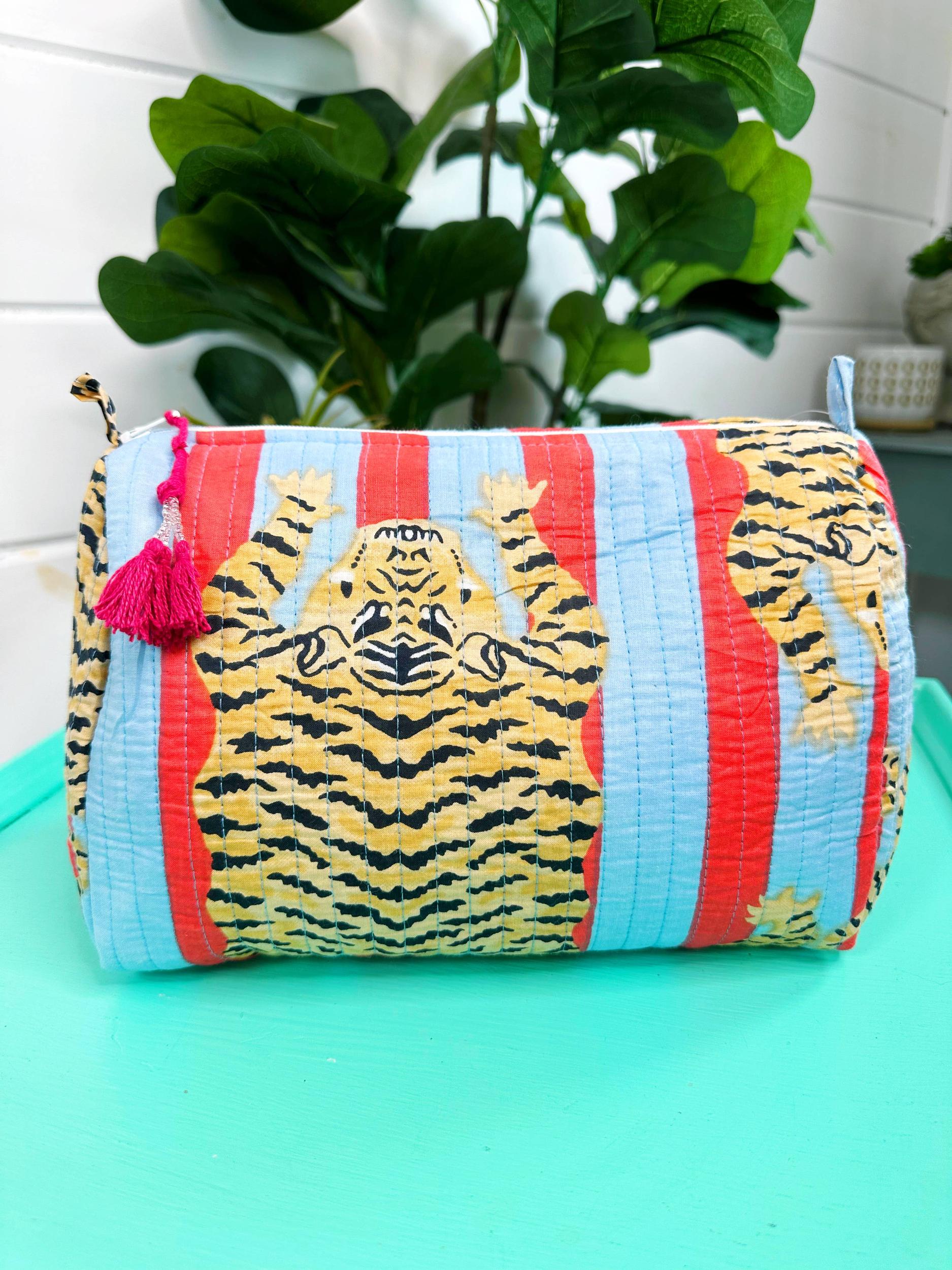 Blue and Tomato Striped Tiger Cosmetic Bag Product Image