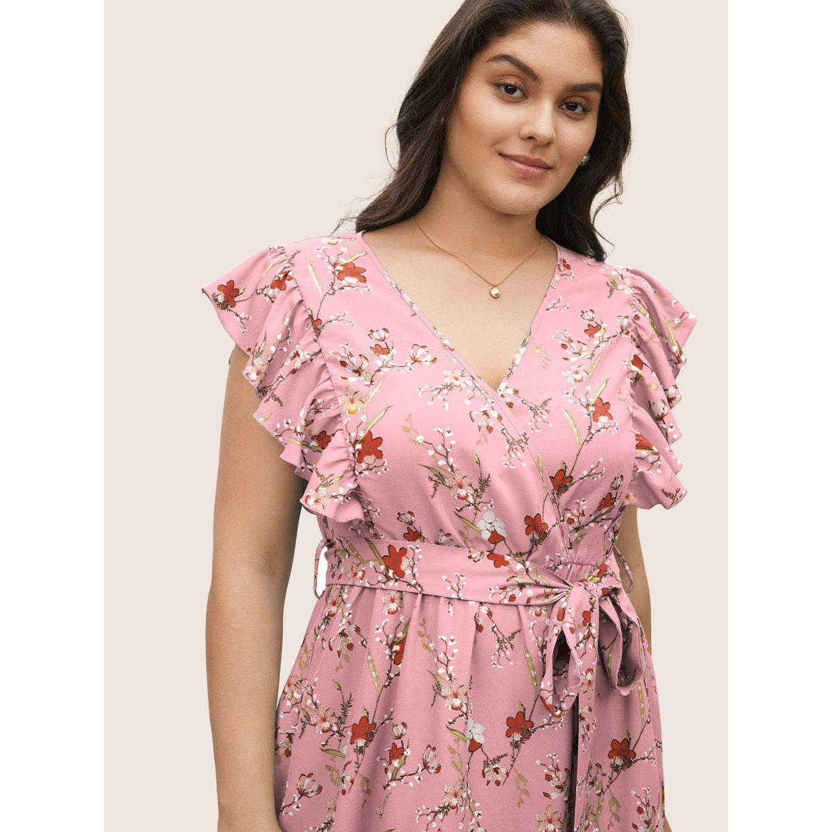 Plus Size Ditsy Floral Flutter Trim Pocket Layered Hem Dress Pink Women Elegant Non Overlap Collar Cap Sleeve Curvy Midi Dress BloomChic 12/L Product Image