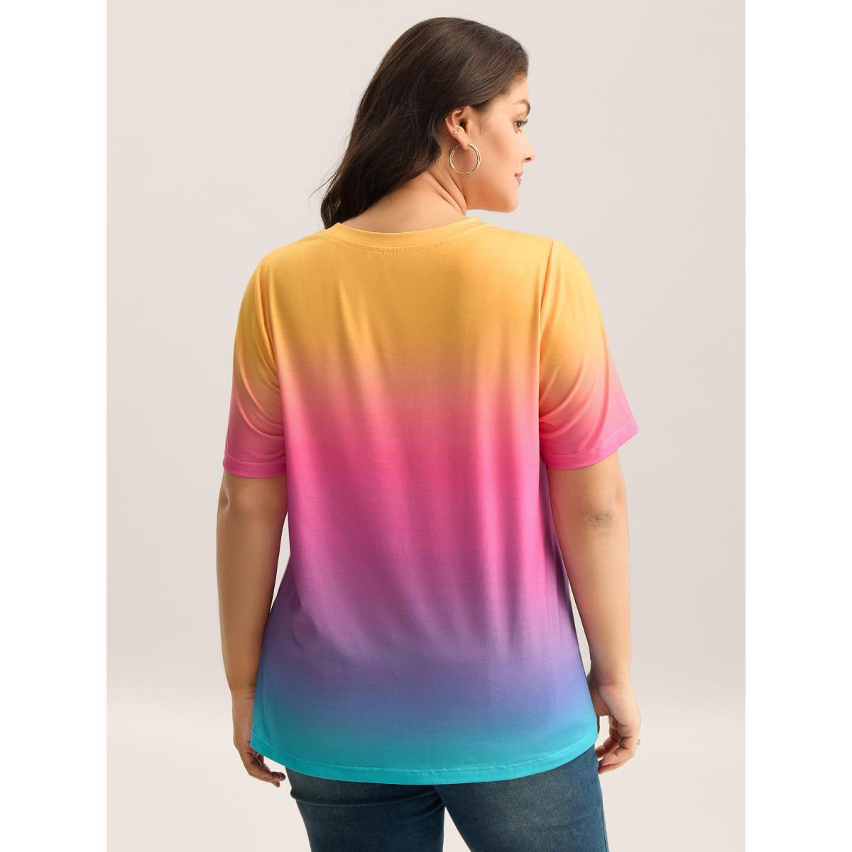 Plus Size Ombre Gradient Crew Neck Curvy T-Shirt Multicolor Women Playful Non Round Neck Casual T-shirts BloomChic 18-20/2X Product Image