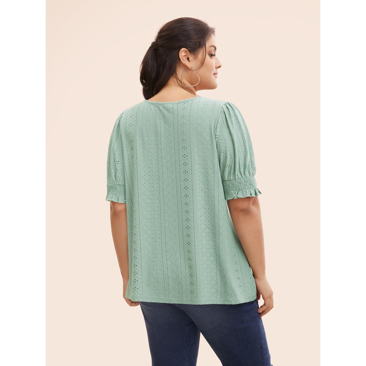 Plus Size Plain Broderie Anglaise Shirred Puff Sleeve Button Detail T-shirt Sage Women Casual Button Plain V-neck Everyday T-shirts BloomChic 26/4X Product Image