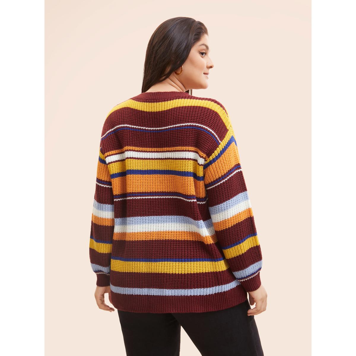 Plus Size Striped Contrast Drop Shoulder Sleeve Pullover Multicolor Women Casual Long Sleeve Round Neck Everyday Pullovers BloomChic 28/5X Product Image