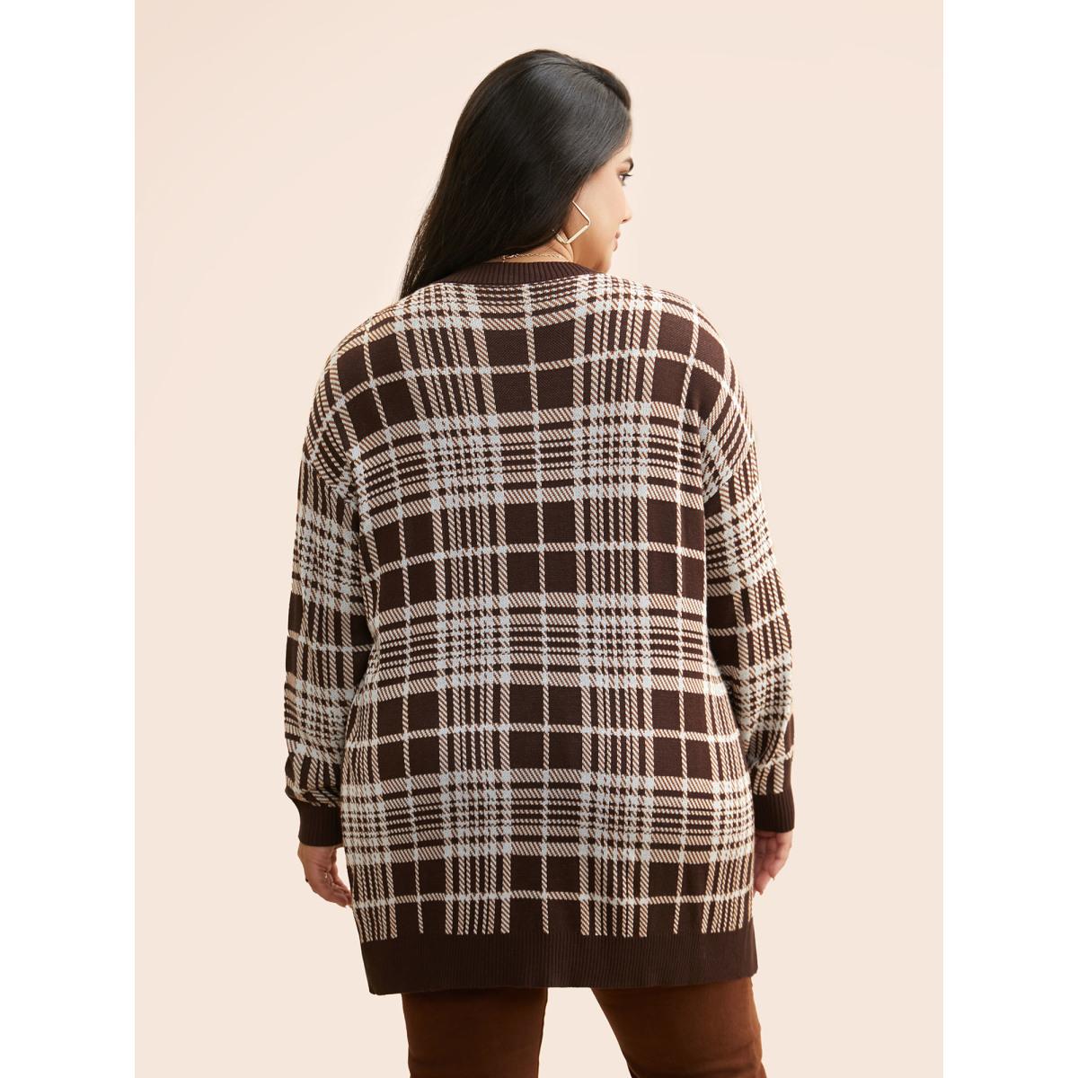Plus Size Plaid Open Front Patch Pocket Cardigan DarkBrown Women Casual Loose Long Sleeve Everyday Cardigans BloomChic 10/M Product Image