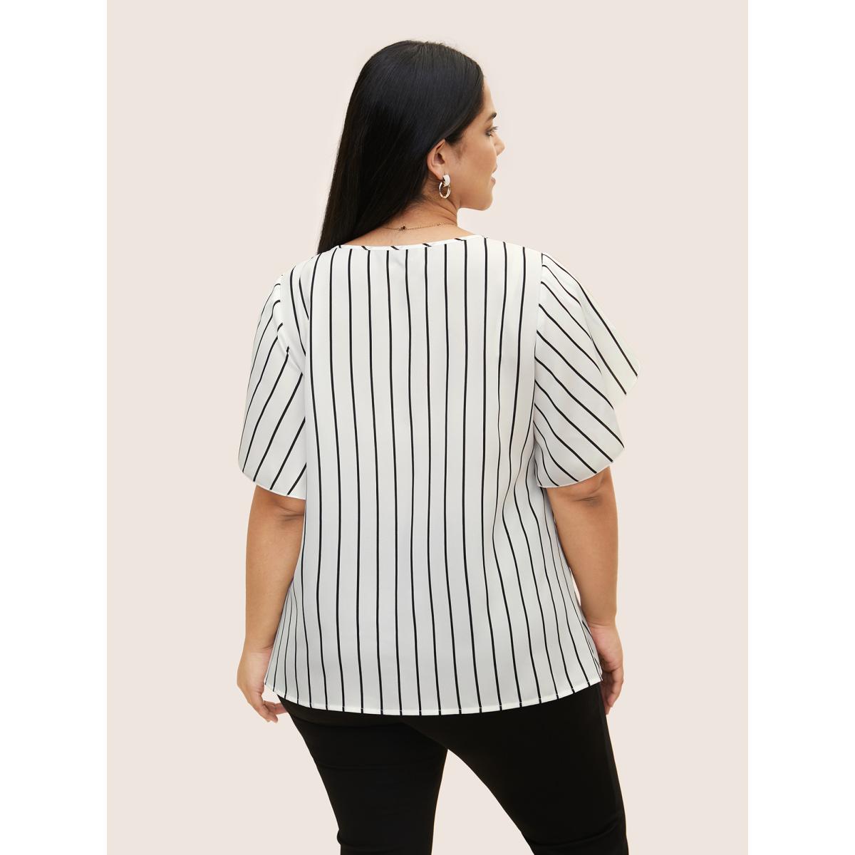 Plus Size Originalwhite Striped Tie Knot Petal Sleeve Blouse Women Work From Home Cap Sleeve V-neck Office Blouses BloomChic 22-24/3X Product Image