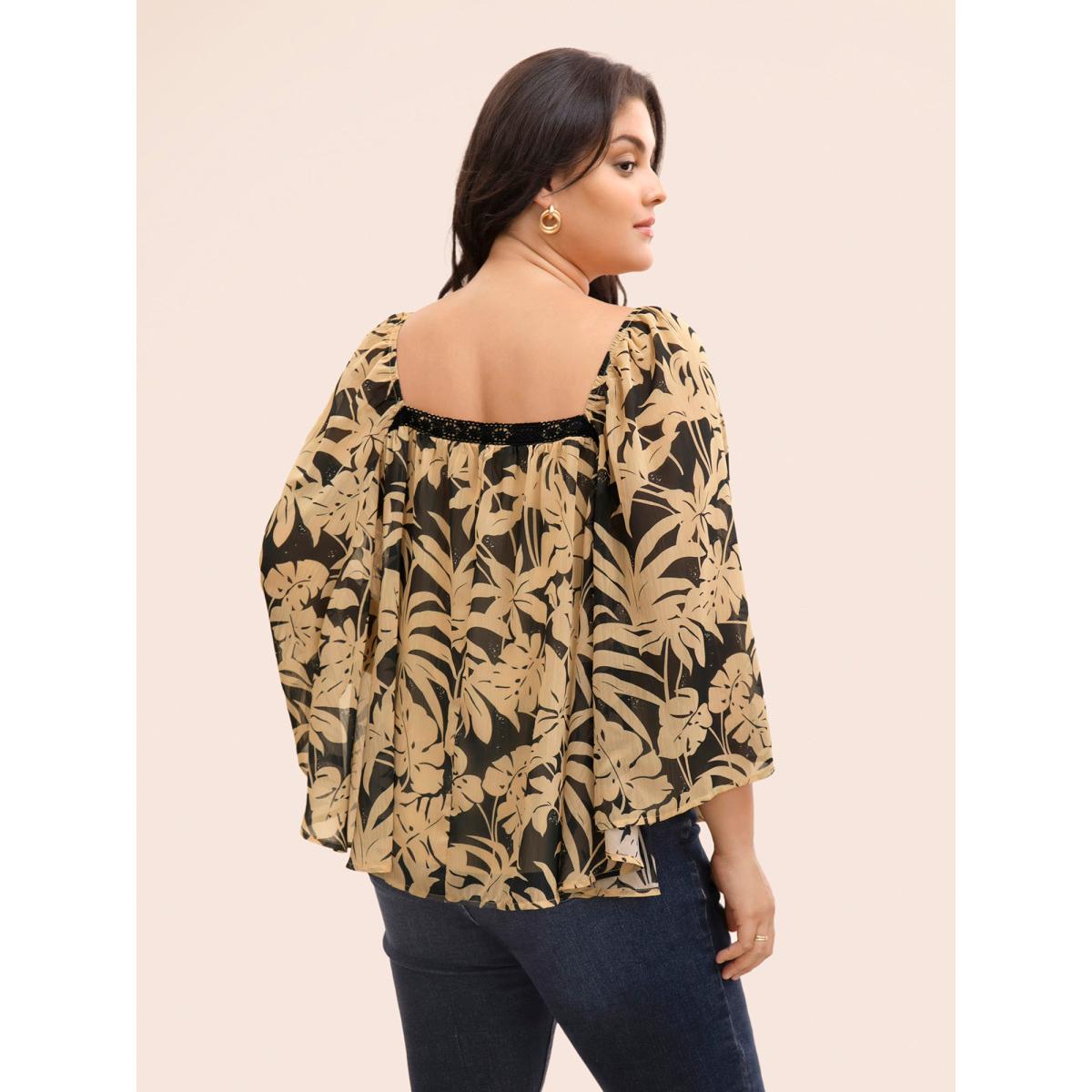 Plus Size Black Silhouette Floral Print Batwing Sleeve Contrast Webbing Blouse Women Elegant Elbow-length sleeve Square Neck Everyday Blouses BloomChic 14-16/1X Product Image