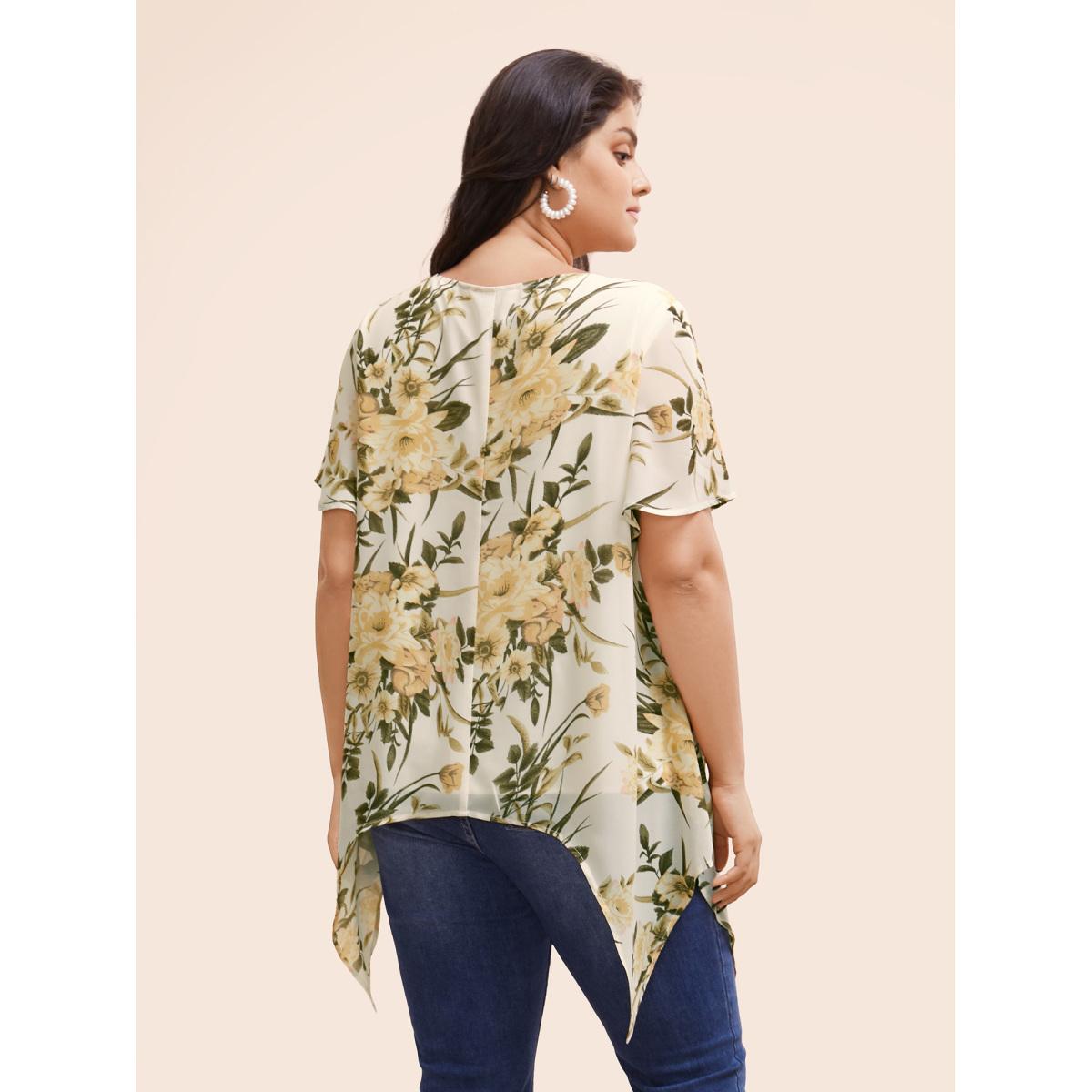 Plus Size Ivory Chiffon Floral Crisscross Hanky Hem Blouse Women Elegant Short sleeve V-neck Everyday Blouses BloomChic 28/5X Product Image
