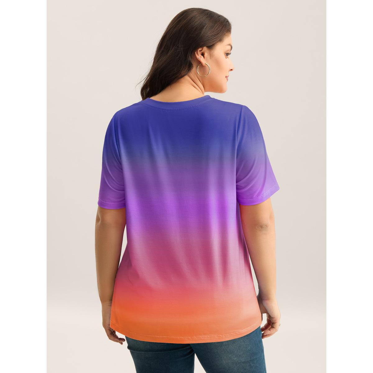 Plus Size Ombre Gradient Crew Neck Curvy T-Shirt DarkBlue Women Playful Non Round Neck Casual T-shirts BloomChic 10/M Product Image