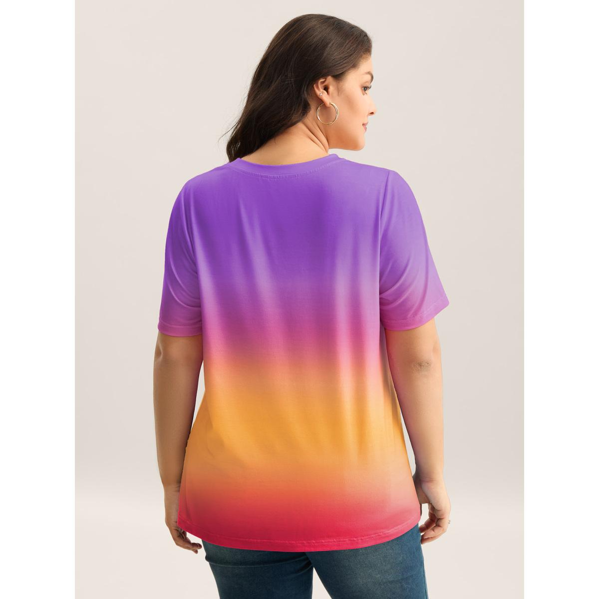 Plus Size Ombre Gradient Crew Neck Curvy T-Shirt Mauve Women Playful Non Round Neck Casual T-shirts BloomChic 22-24/3X Product Image