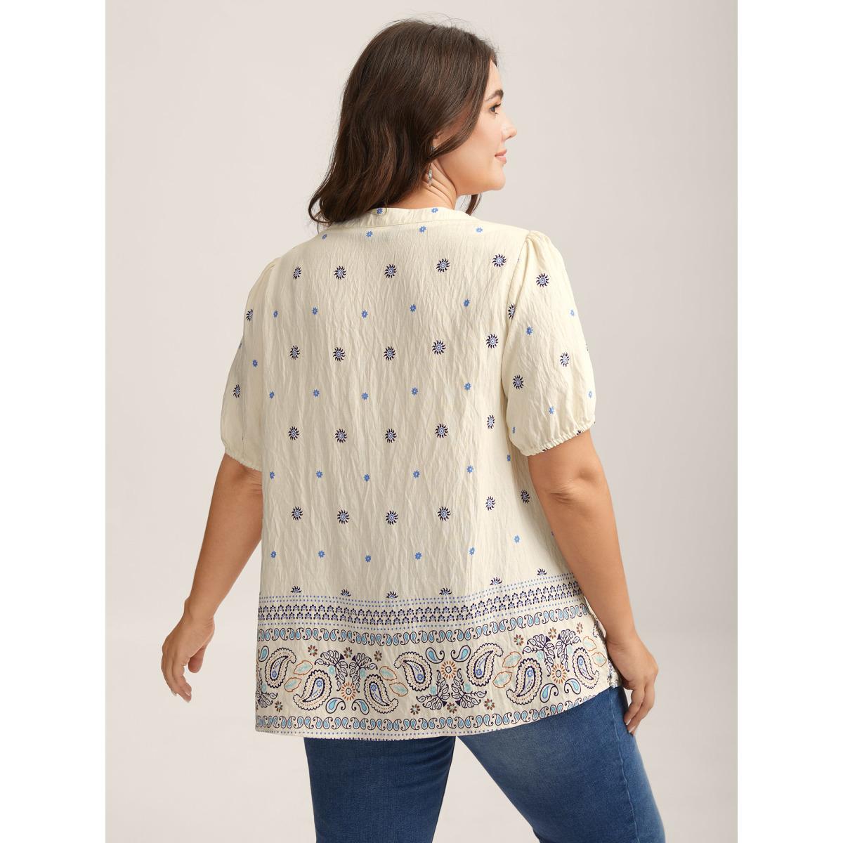 Plus Size LightBlue Boho Print Notched Collar Blouse Women Boho Short sleeve Flat collar with V-notch Vacation Blouses BloomChic 18-20/2X Product Image