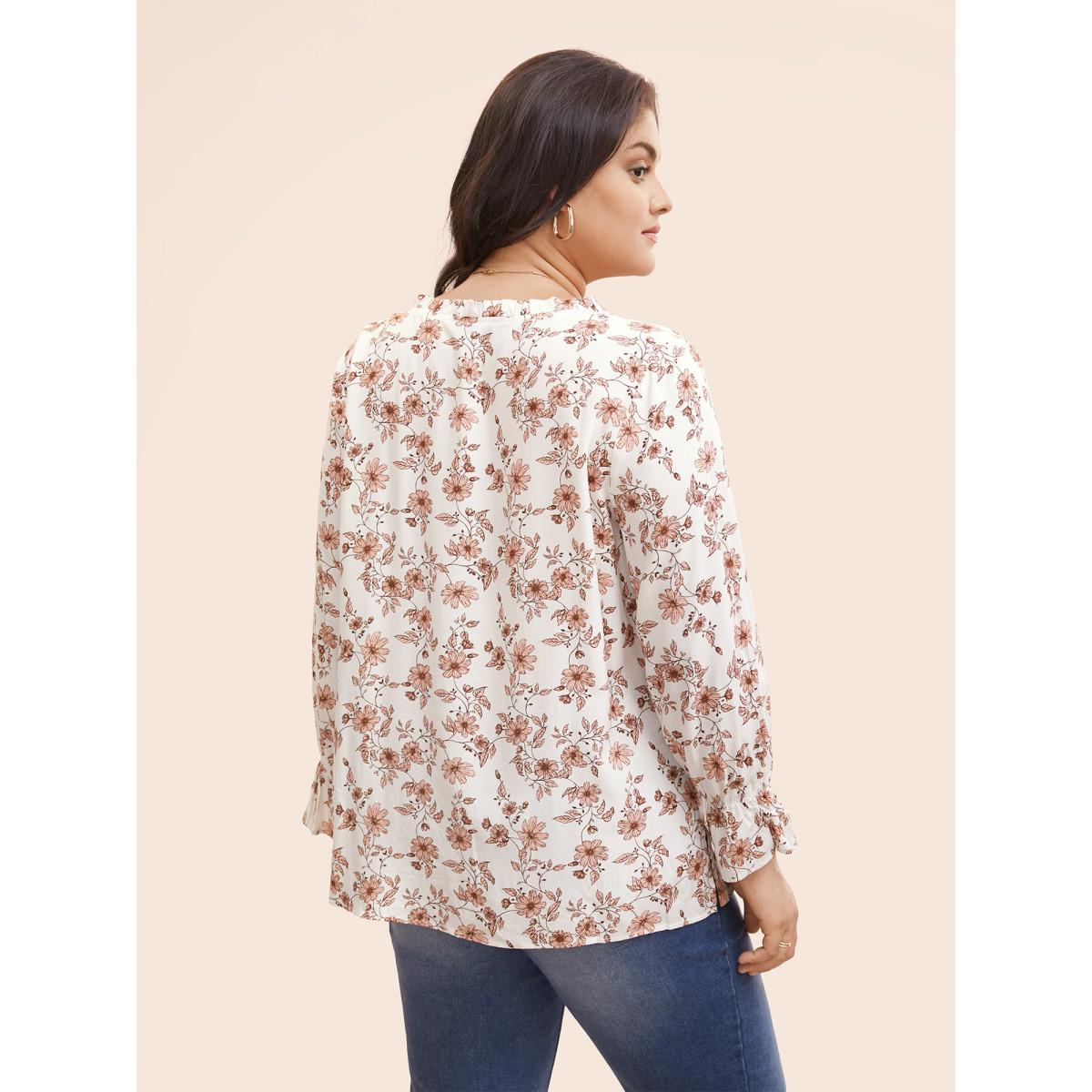 Plus Size Multicolor Floral Tie Knot Ruffle Trim Blouse Women Elegant Long Sleeve V-neck Everyday Blouses BloomChic 22-24/3X Product Image