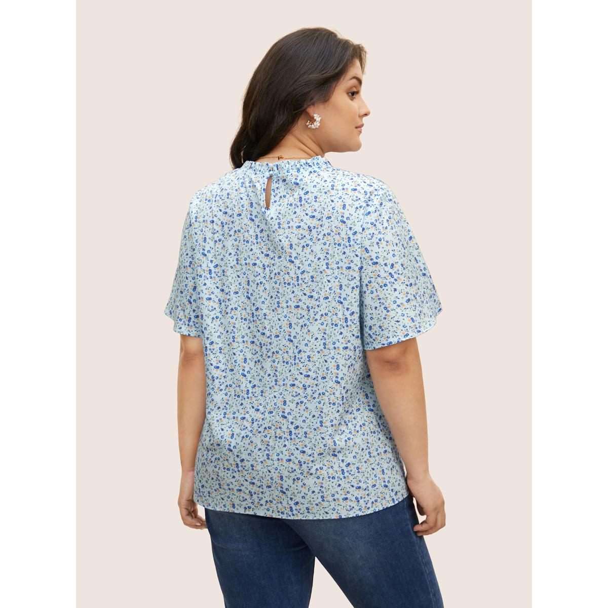 Plus Size Azure Ditsy Floral Plicated Detail Frill Trim Blouse Women Elegant Short sleeve Round Neck Everyday Blouses BloomChic 30/6X Product Image