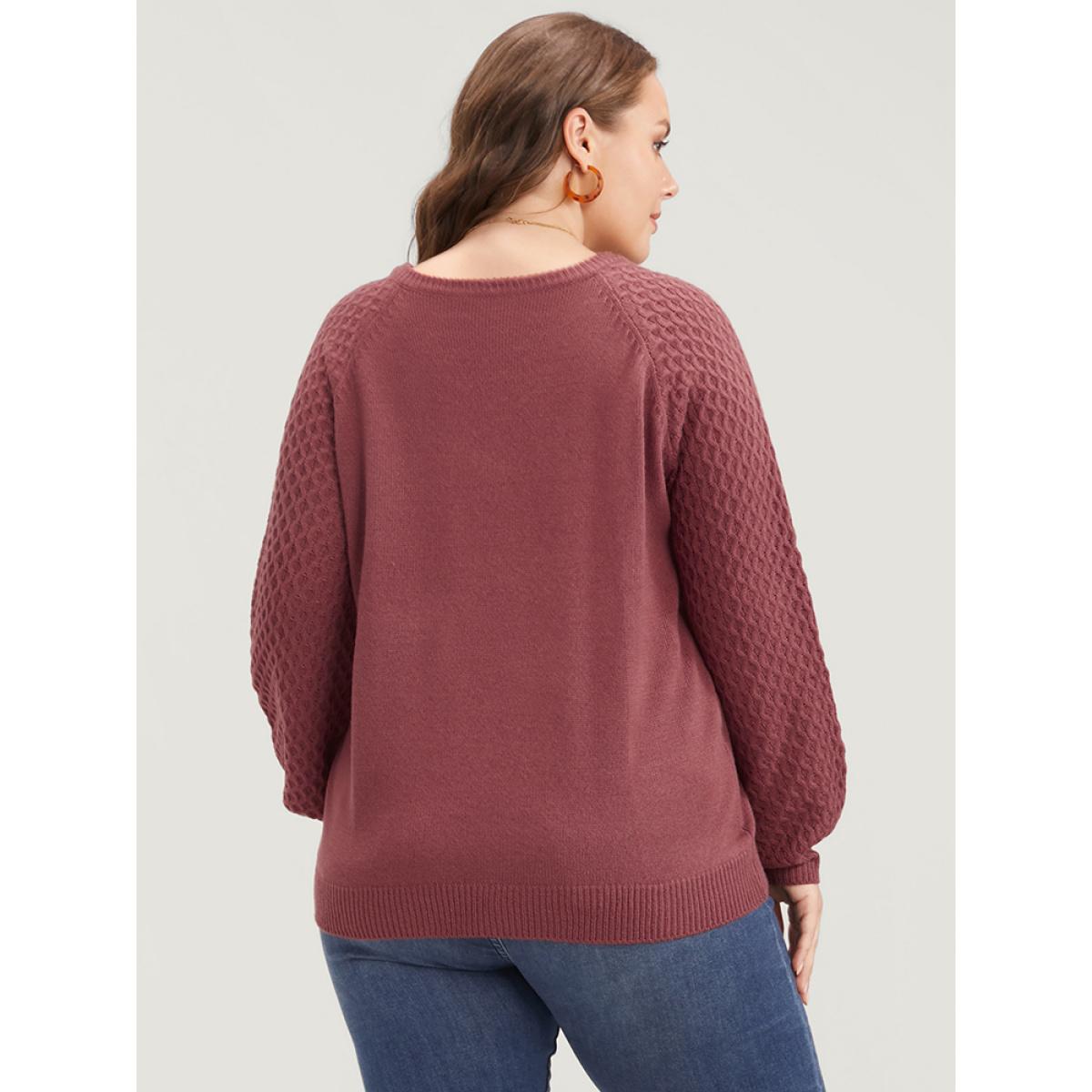 Plus Size Solid Pointelle Knit Lantern Sleeve Knit Top Russet Women Elegant Loose Long Sleeve V-neck Dailywear Pullovers BloomChic 22-24/3X Product Image