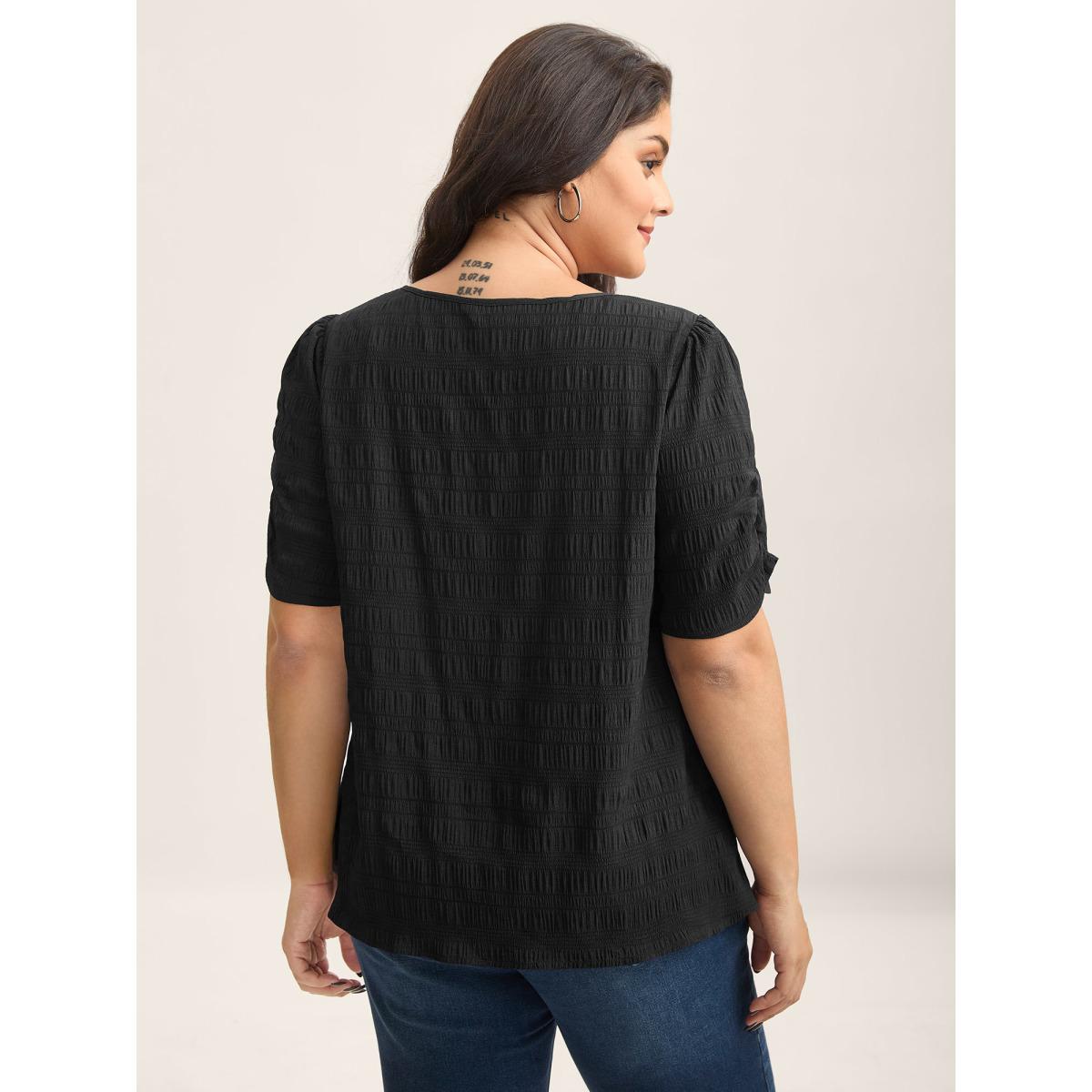 Plus Size DarkGreen Textured Gathered Sleeve Split Neck Blouse Women Office Short sleeve Asymmetrical Neck Office Blouses BloomChic 26/4X Product Image