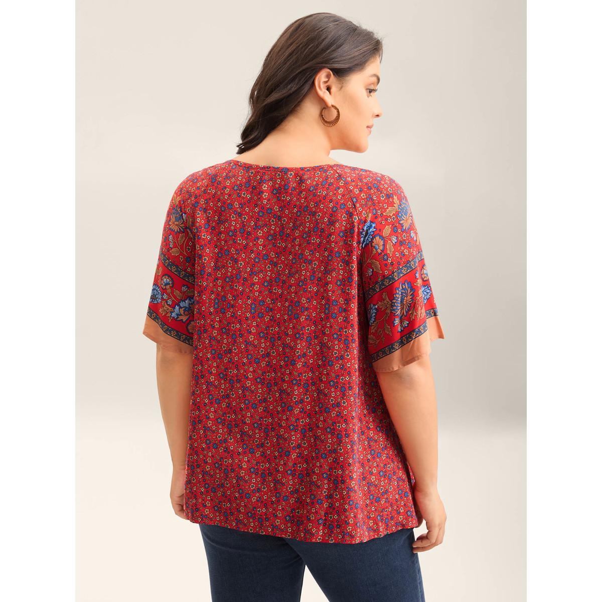 Plus Size Raspberry Floral Print Neck Tie Half Sleeve Blouse Women Boho Short sleeve Notched collar Vacation Blouses BloomChic 10/M Product Image