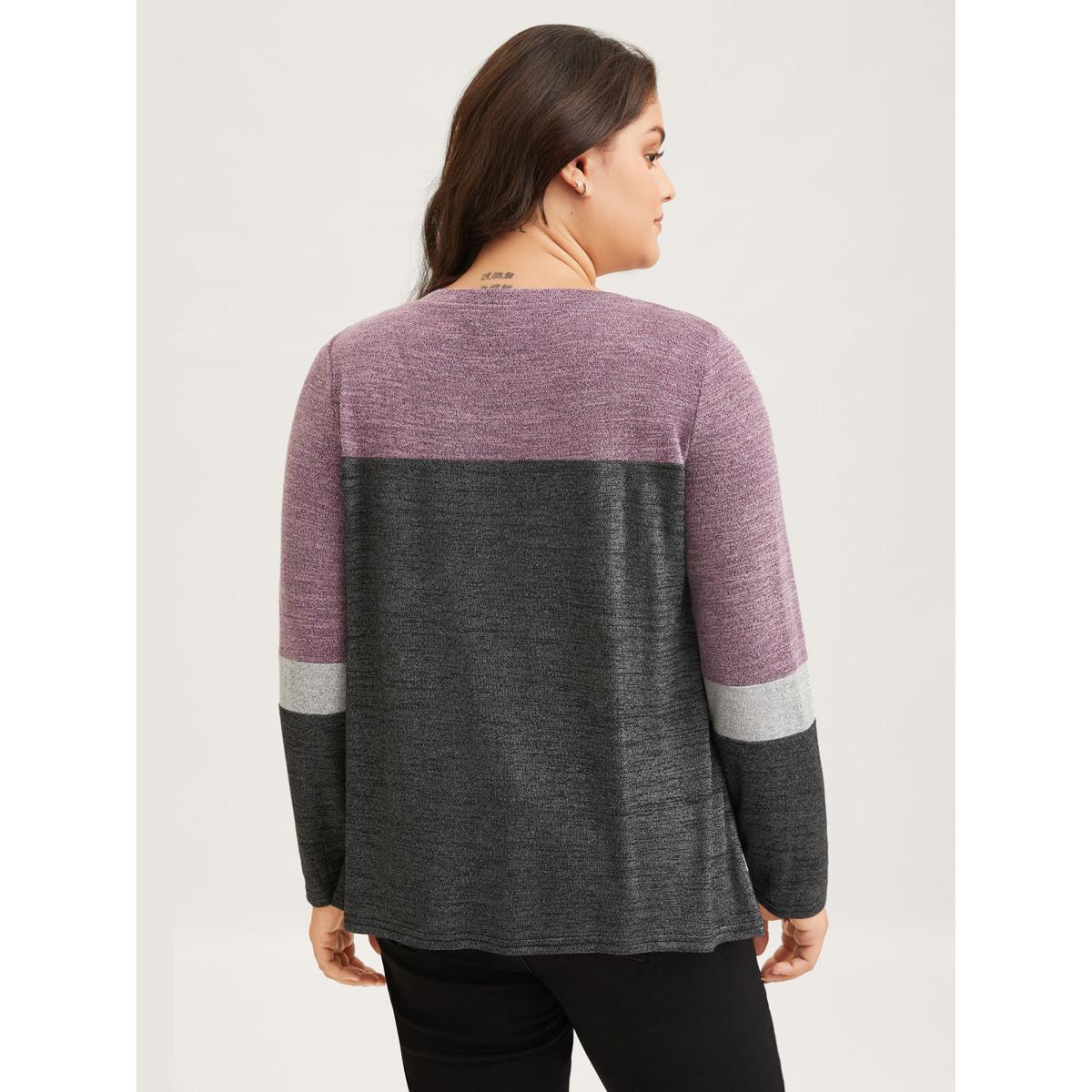 Plus Size Heather Colorblock Contrast Crew Neck T-shirt Black Women Leisure Texture Plain Round Neck Casual T-shirts BloomChic 12/L Product Image