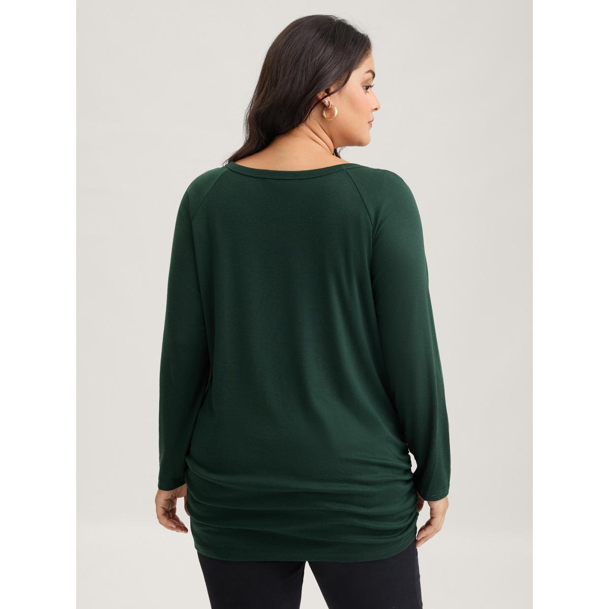Plus Size Plain Gathered Button Detail T-shirt DarkGreen Women Leisure Gathered Plain Round Neck Casual T-shirts BloomChic 30/6X Product Image