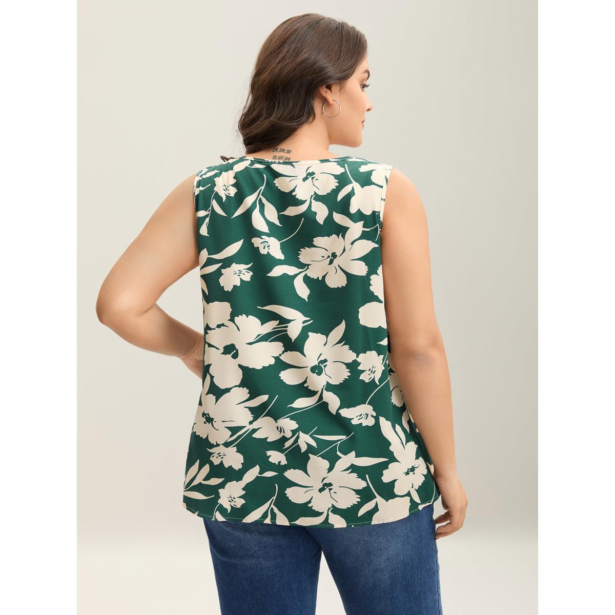 Plus Size Silhouette Flower Print Tank Top Women Teal Contrast Square Neck Everyday-Casual Tank Tops Camis BloomChic 26/4X Product Image