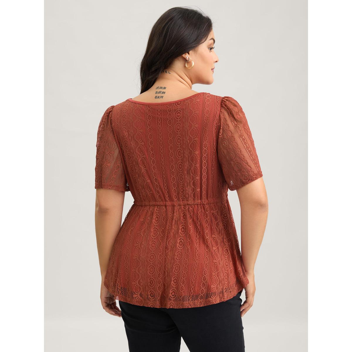 Plus Size Russet V Neck Lace Panel Drawstring Blouse Women Romantic Short sleeve V-neck Elegant Blouses BloomChic 22-24/3X Product Image
