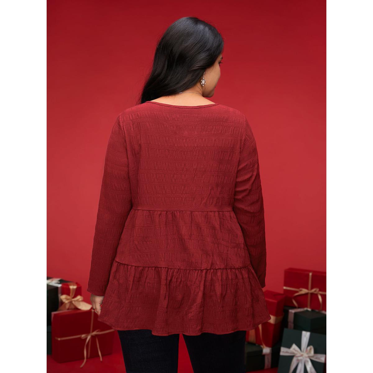 Plus Size Deepred Textured Round Neck Tiered Hem Blouse Women Casual Long Sleeve Round Neck Everyday Blouses BloomChic 18-20/2X Product Image