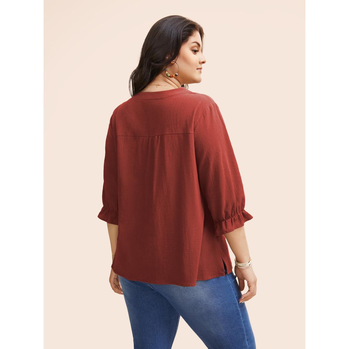 Plus Size Russet Broderie Anglaise Tie Knot Lantern Sleeve Blouse Women Boho Elbow-length sleeve Notched collar Vacation Blouses BloomChic 28/5X Product Image