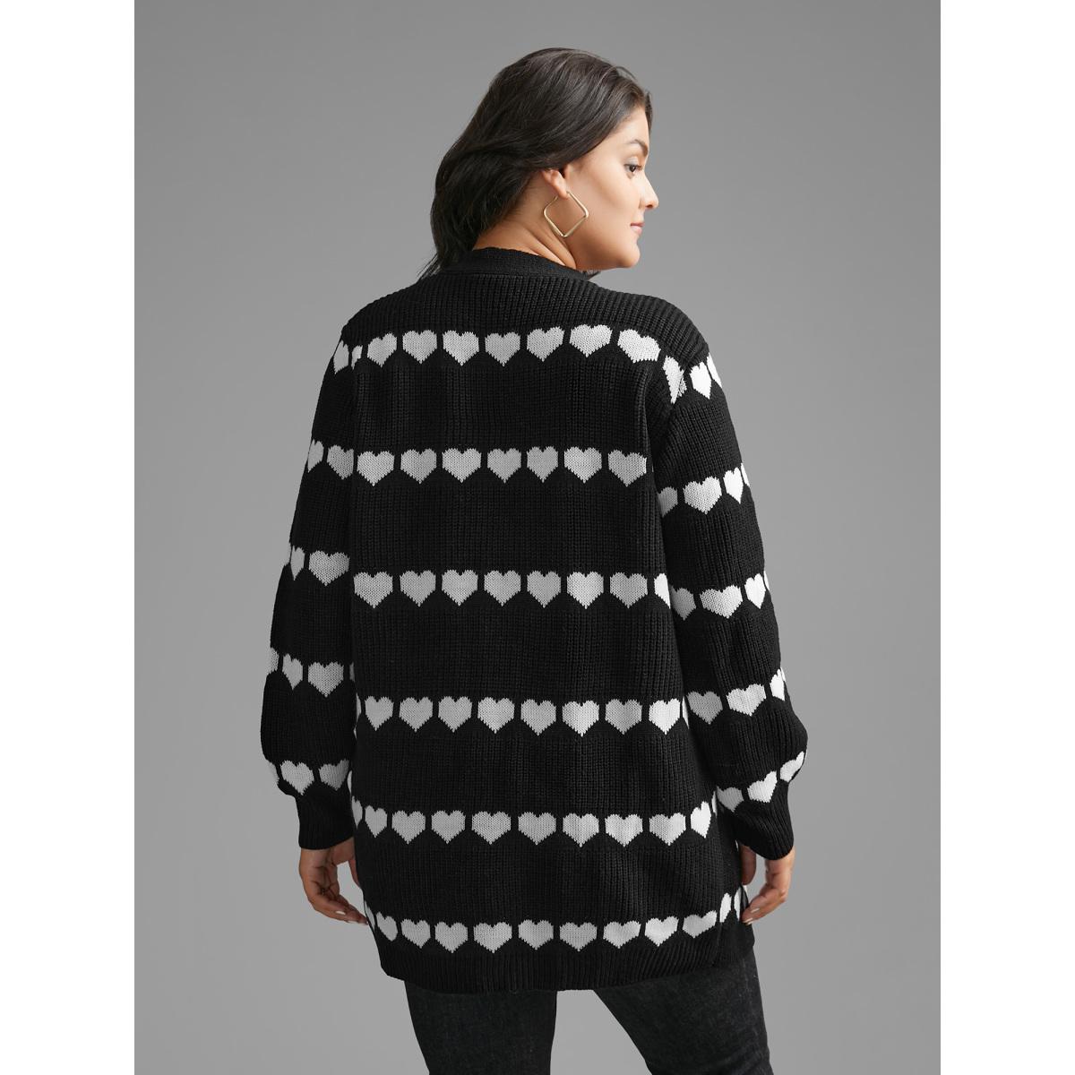 Plus Size Heart Pattern Jacquard Patch Pocket Cardigan Black Women Casual Loose Long Sleeve Everyday Cardigans BloomChic 18-20/2X Product Image