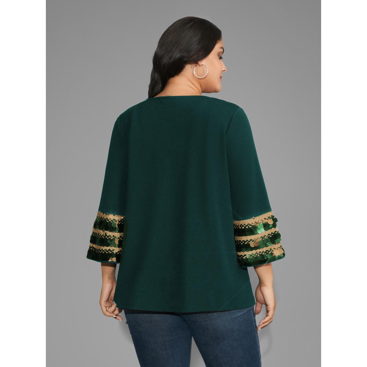 Plus Size DarkGreen Sequin Patchwork Keyhole Bell Sleeve Blouse Women Elegant Three Quarter Length Sleeve Round Neck Everyday Blouses BloomChic 28/5X Product Image
