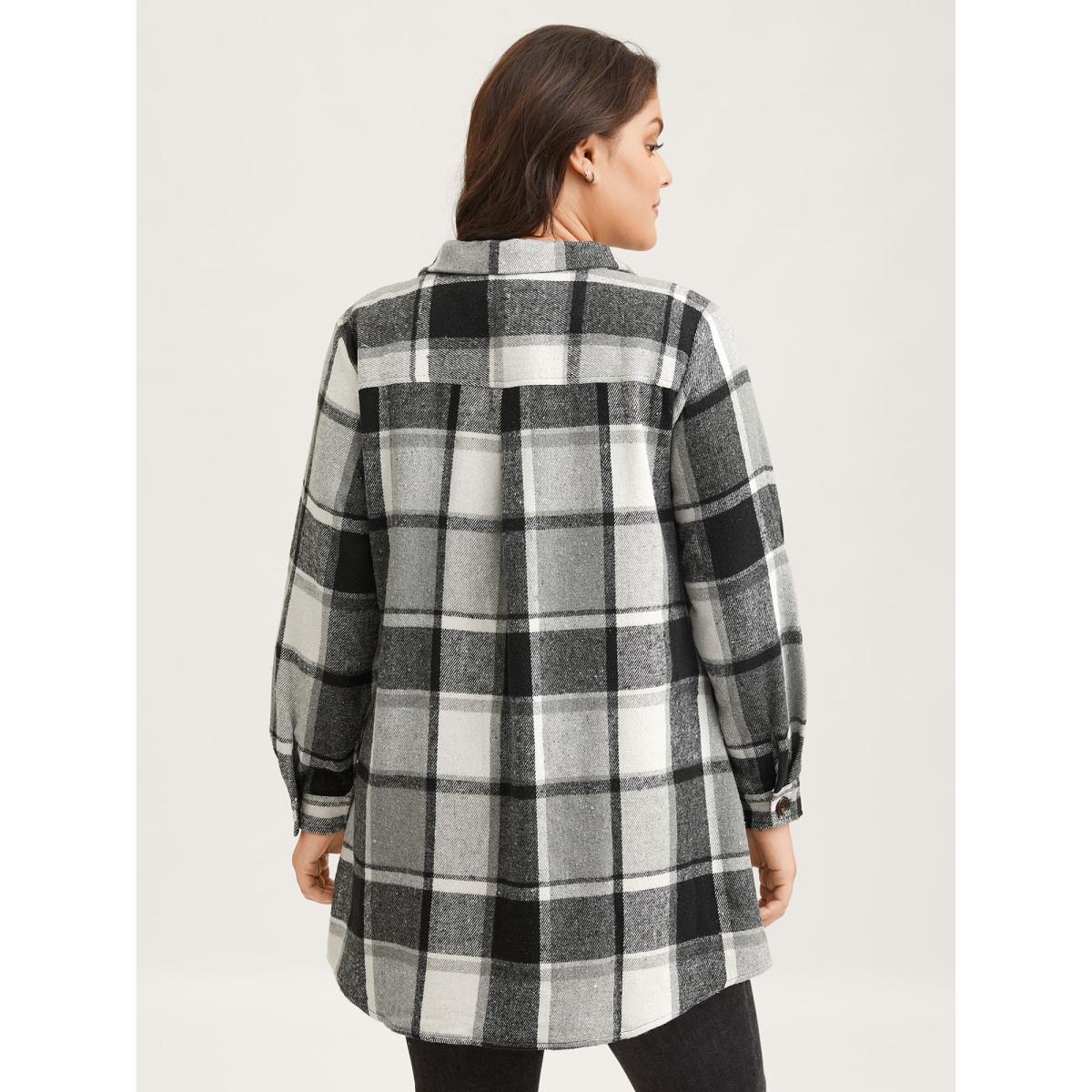 Plus Size Plaid Chest Pockets Long Jacket Women Black Button Loose Side seam pocket Casual Jackets BloomChic 10/M Product Image