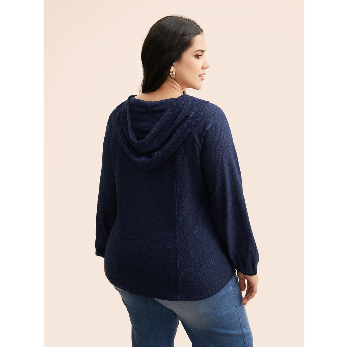 Plus Size Texture Drawstring Pocket Hooded Sweatshirt Women DarkBlue Casual Texture Loose Hooded Everyday Sweatshirts BloomChic 14-16/1X Product Image