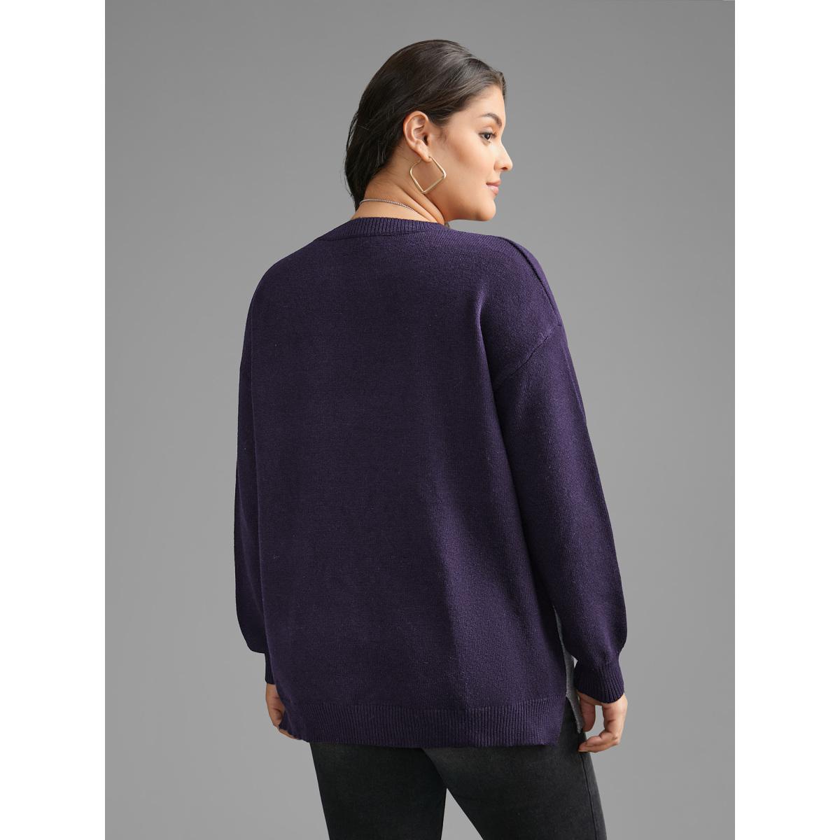 Plus Size Cat Contrast Drop Shoulder Pullover Eggplant Women Playful Loose Long Sleeve Round Neck Casual Pullovers BloomChic 28/5X Product Image