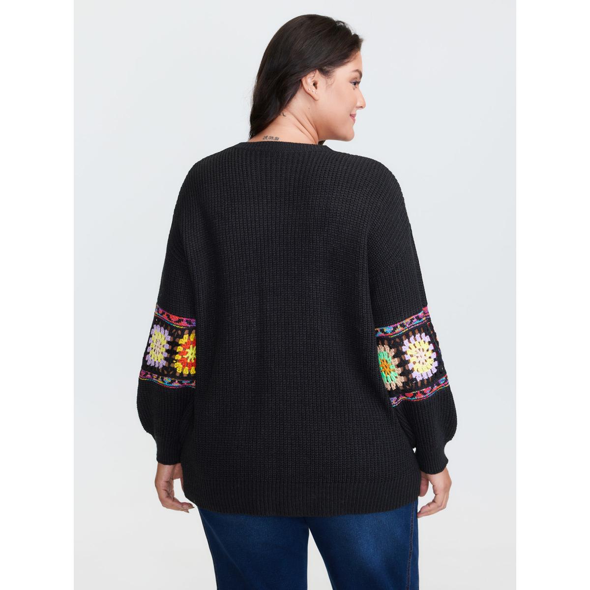 Plus Size Crochet Floral Sleeve Lace Trim Pullover Black Women Playful Loose Long Sleeve Round Neck Casual Pullovers BloomChic 12/L Product Image