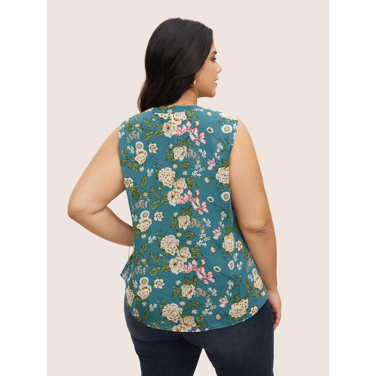 Plus Size Notched Collar Floral Print Shirred Tank Top Women Teal Elegant Contrast Notched collar Everyday Tank Tops Camis BloomChic 14-16/1X Product Image