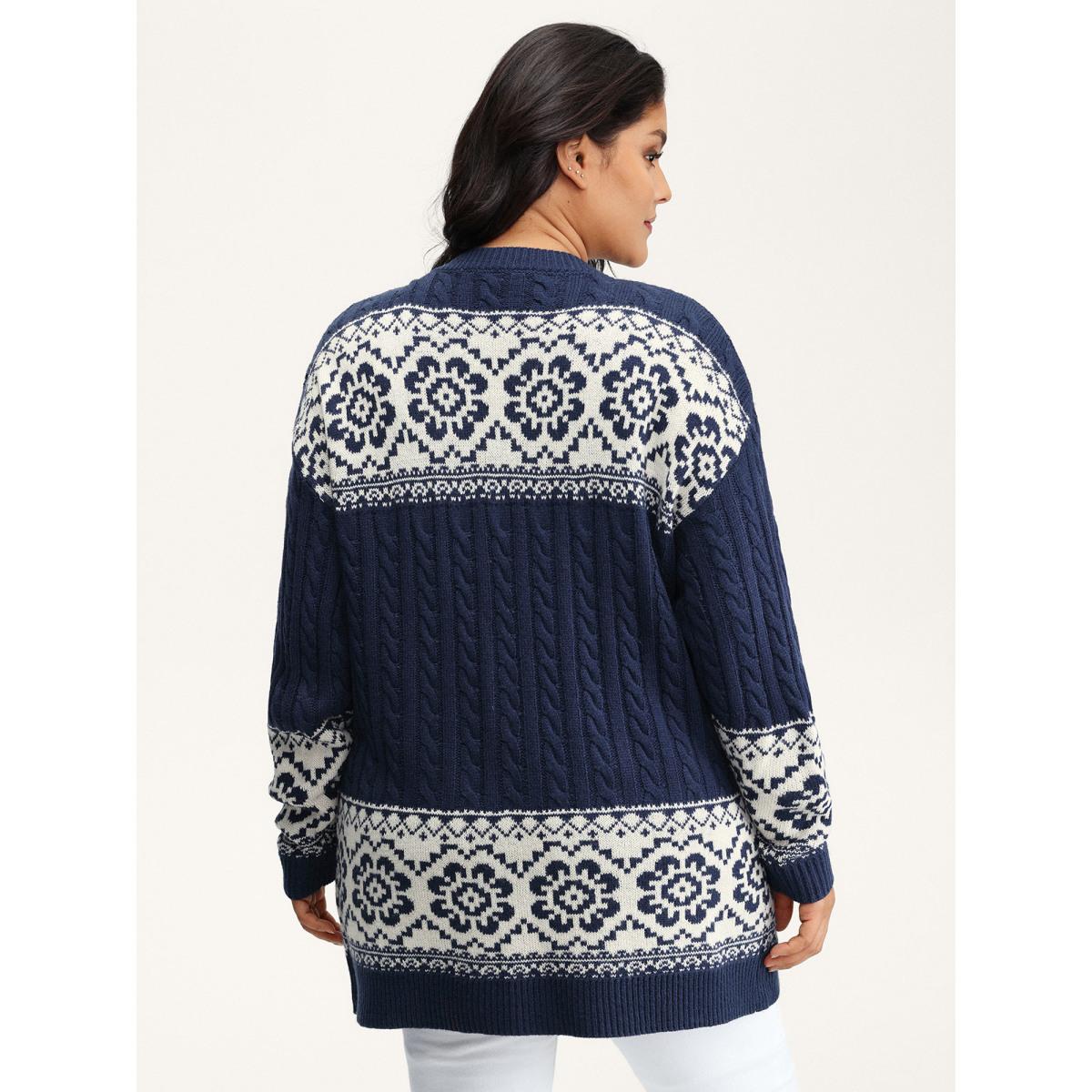 Plus Size Cable Knit Floral Jacquard Pockets Knit Cardigan Indigo Women Leisure Loose Long Sleeve Casual Cardigans BloomChic 22-24/3X Product Image