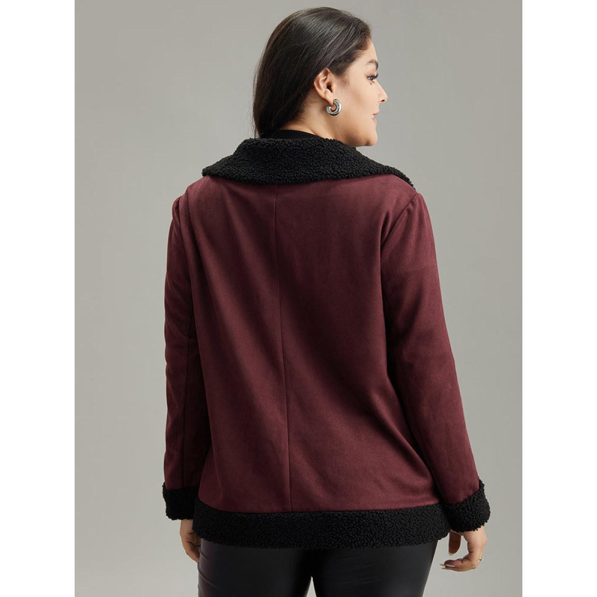 Plus Size Fuzzy Trim Patched Pocket Zipper Jacket Women Burgundy Contrast Pocket Dailywear Jackets BloomChic 30/6X Product Image