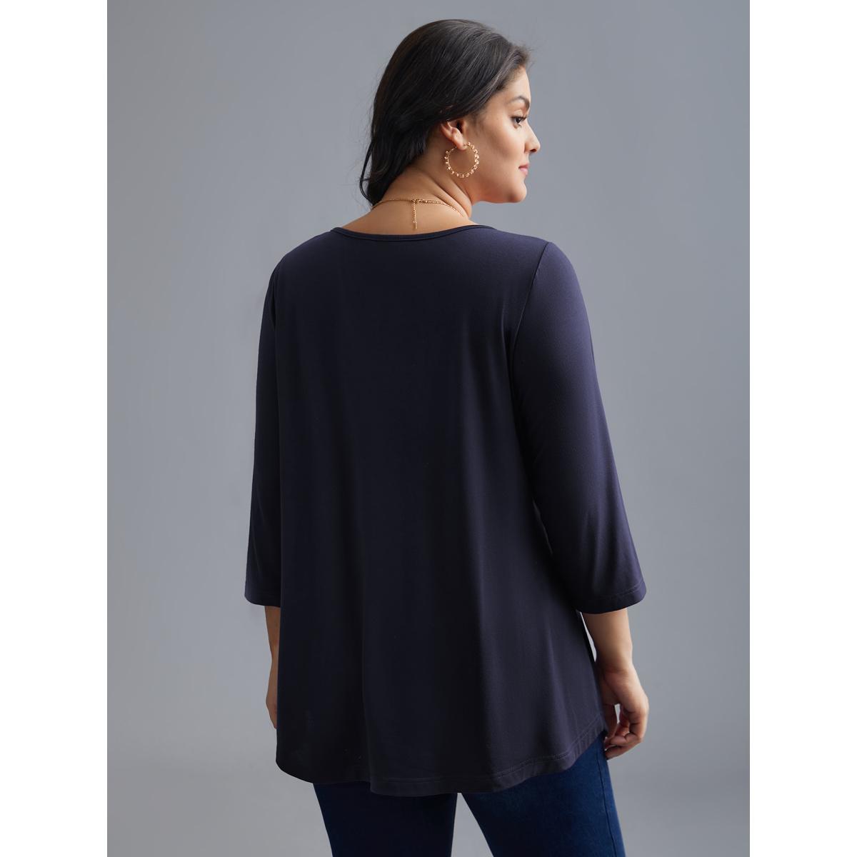 Plus Size Asymmetrical Hem Overlap Long T-shirt DarkBrown Women Leisure Tucked seam Round Neck Loose Casual T-shirts BloomChic 28/5X Product Image