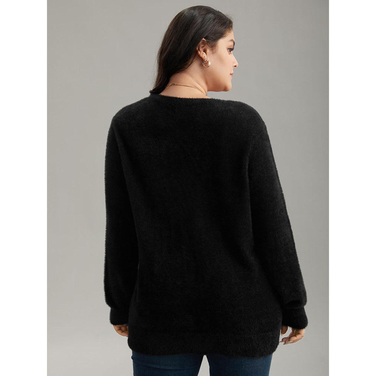 Plus Size Floral Embroidered Fuzzy Open Front Cardigan Black Women Casual Loose Long Sleeve Everyday Cardigans BloomChic 26/4X Product Image