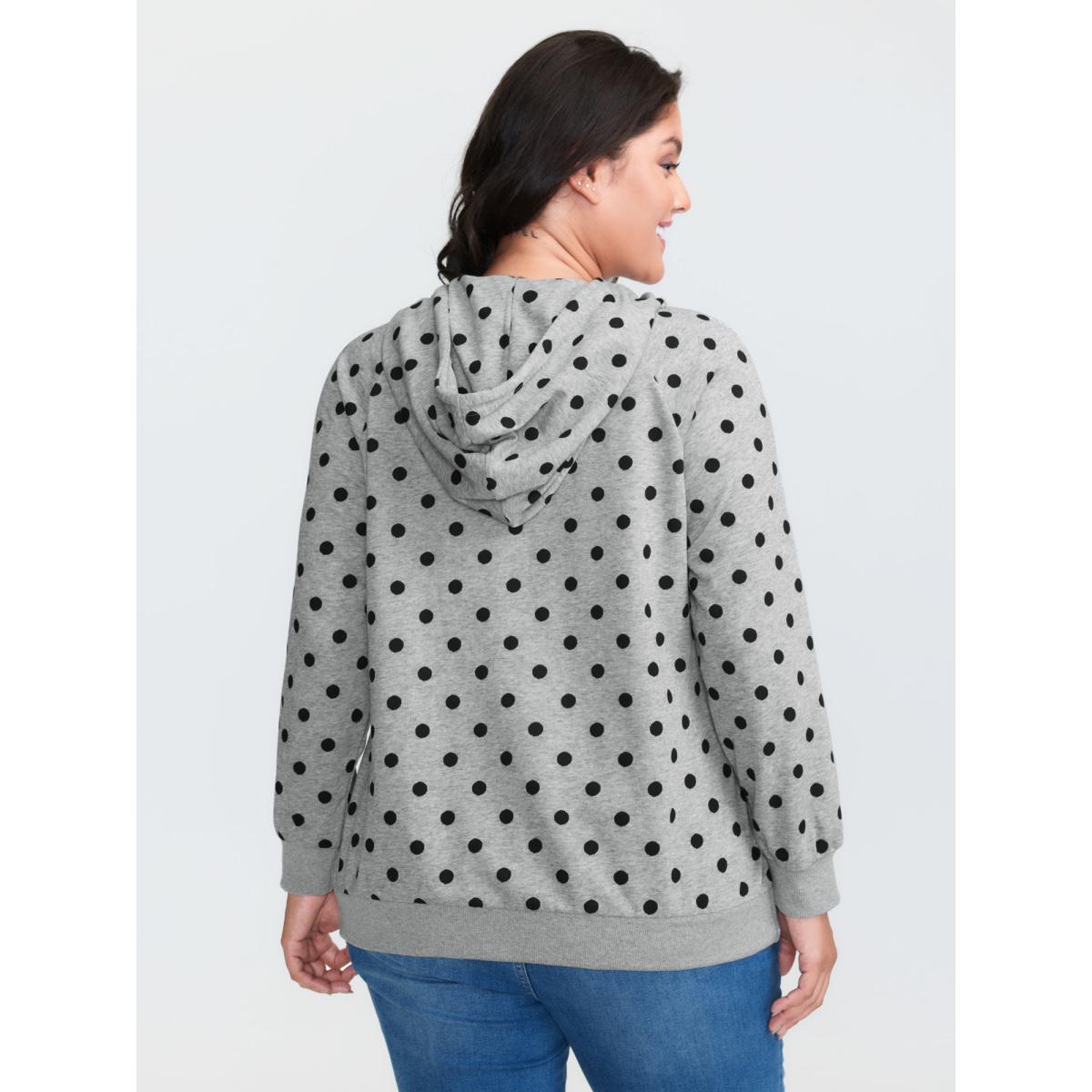 Plus Size Polka Dot Drawstring Neck Hoodie Women DarkGray Leisure Drawstring Hooded Casual Sweatshirts BloomChic 18-20/2X Product Image