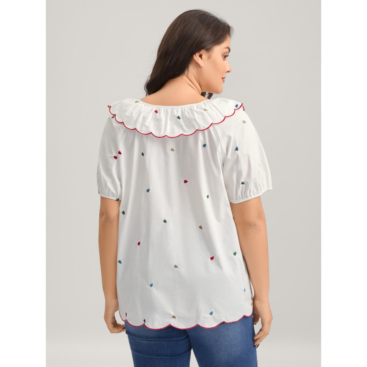 Plus Size Originalwhite Sweetheart Embroidery Doll Collar Blouse Women Short sleeve Peter Pan collar Casual Blouses BloomChic 22-24/3X Product Image