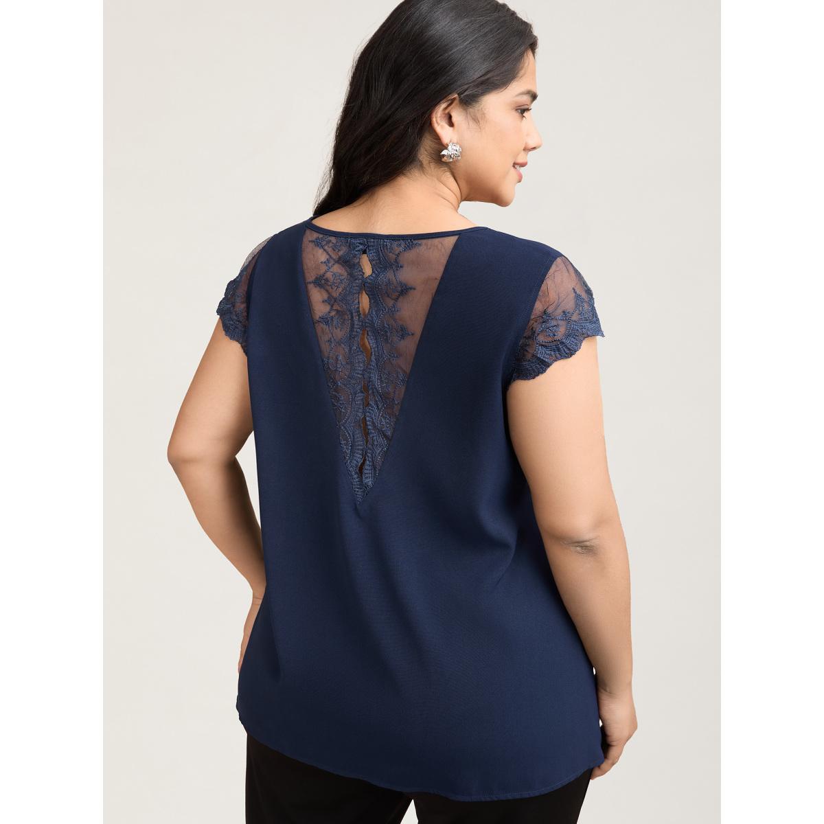 Plus Size Indigo Back Lace Sheer Sleeve Solid Shirt Women Elegant Cap Sleeve V-neck Everyday Blouses BloomChic 18-20/2X Product Image