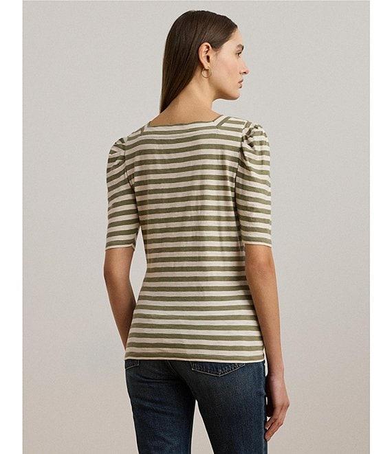Lauren Ralph Lauren Knit Stripe Print Square Neck Short Puff Sleeve Tee Shirt Product Image